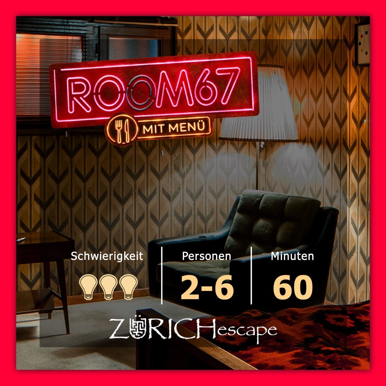 Room67 ist ein Escape Room in Zürich, welcher zusammen mit einem köstlichen 3-Gang Menü gebucht werden kann.